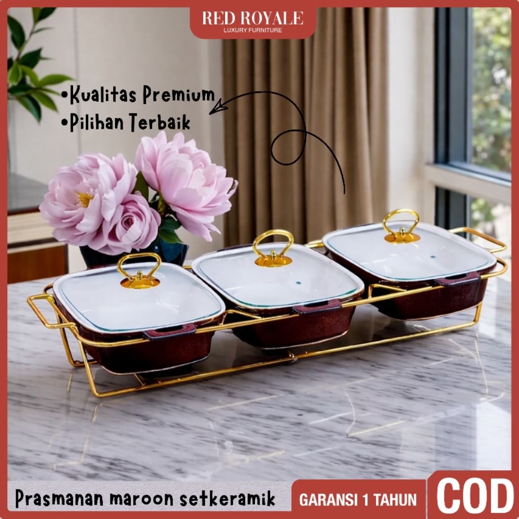 prasmanan maroon set keramik (FREE PEKING KAYU) prasmanan gandeng 3 peralatan dapur wadah penyimpana