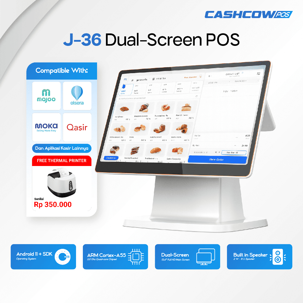 Cashcow POS J-36 - Mesin Kasir POS Android Dual Screen 15.6” + 10.1” 4/64GB Support Majoo Moka