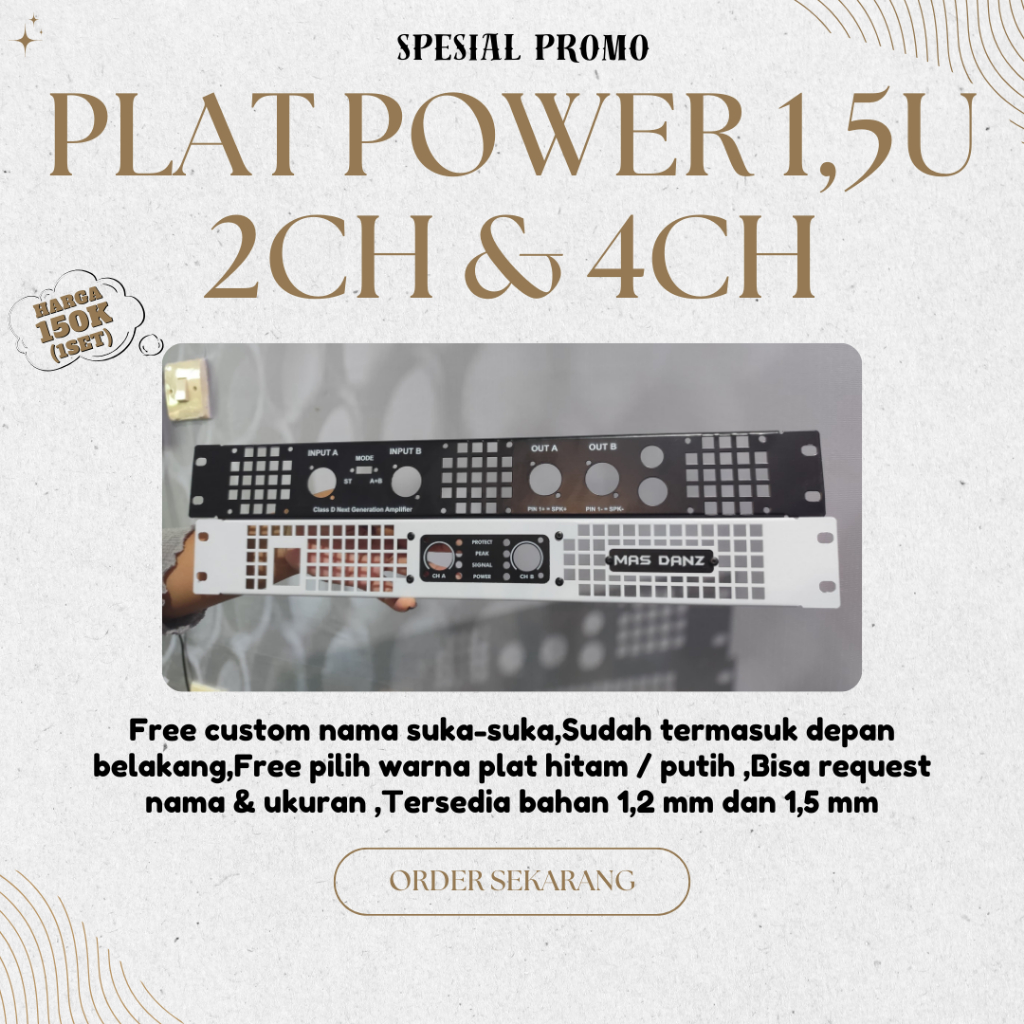 Plat Power Amplifier 1,5U – 2CH/4CH, Lengkap Depan Belakang + Custom Nama