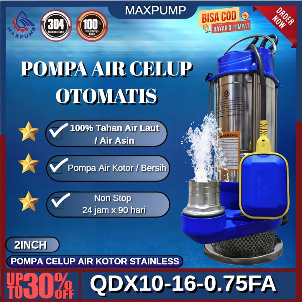 MAXPUMP Pompa Celup Air Bersih Kotor Air Laut Asin Stainless Tahan Karat Otomatis 2Inch Kuras Banjir