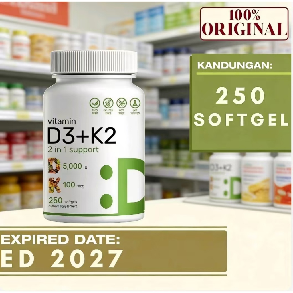 Vitamin D3 K2 5000IU 250 Softgels Non-GMO