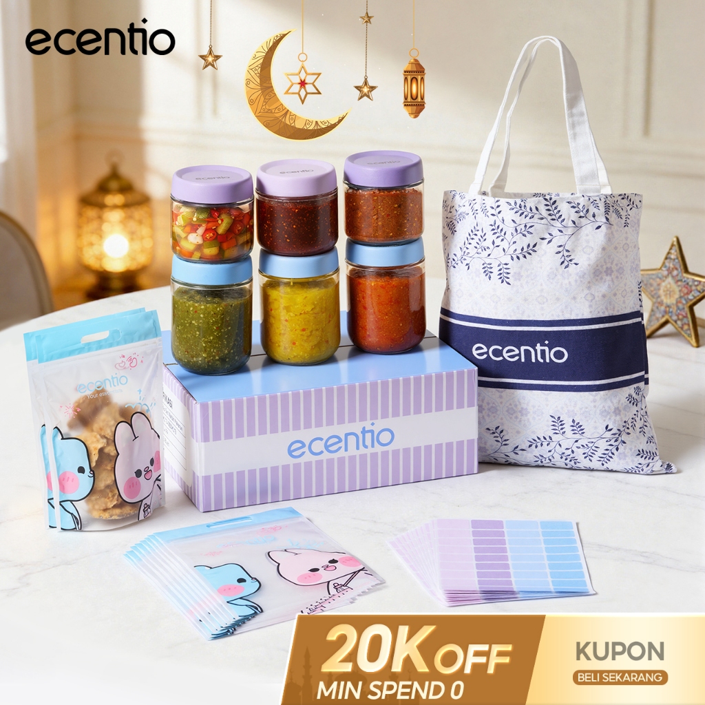 ecentio toples kedap udara 6pcs 480ml*3 & 350ml*3 + batik tote bag, paket lebaran ramadan, food jar 
