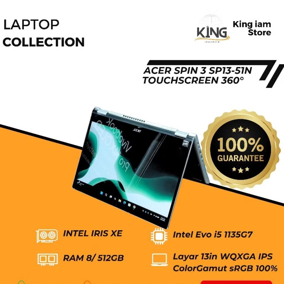 Acer Spin 3 SP313-51N i5 1135G7 Evo RAM 8GB SSD 512GB 13 WQXGA Touch Laptop Kerja