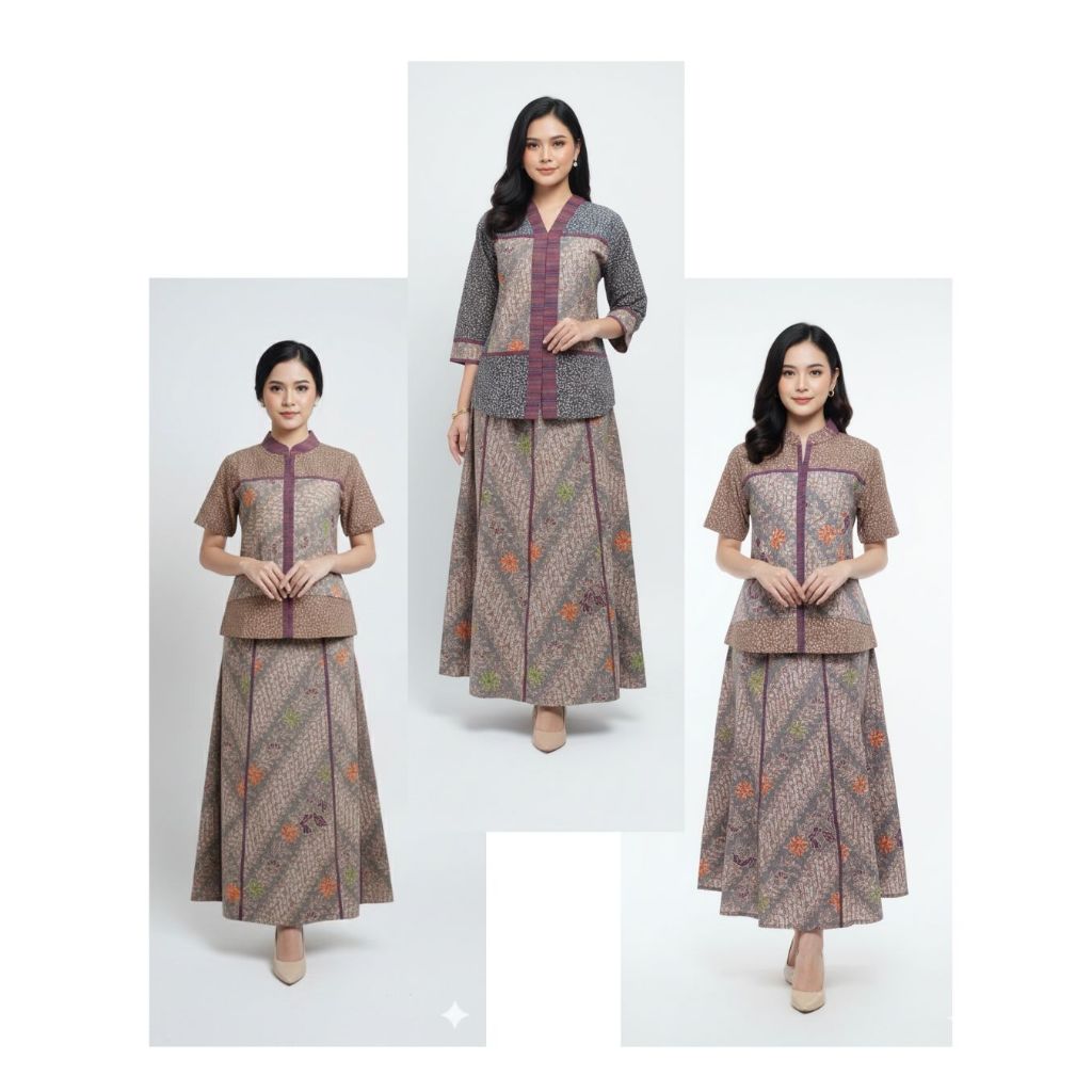 Blouse dan Rok Wanita Batik Kontemporer warna coklat Abu abu List Ungu,kain katun,size M ,L