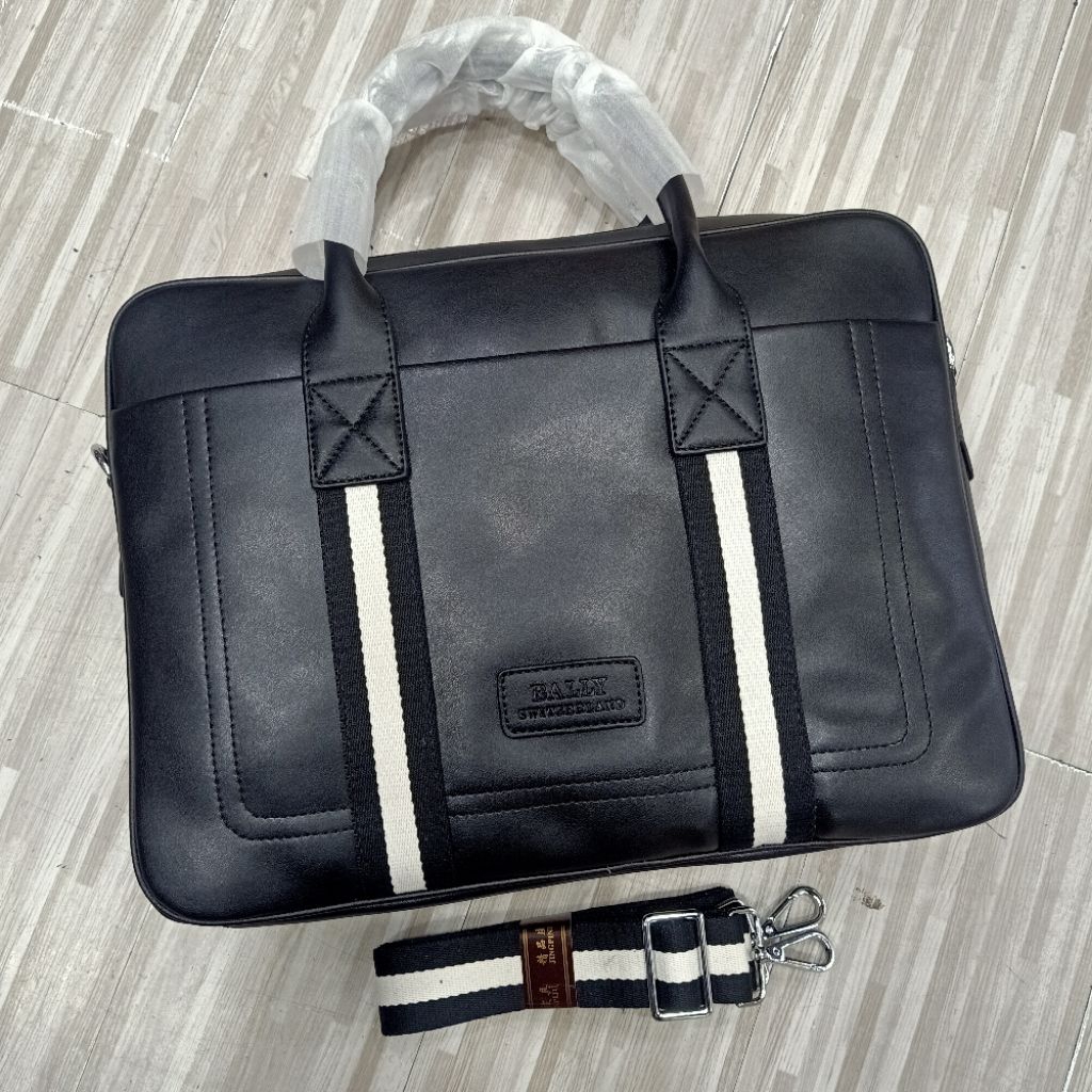 Tas kantor kulit Bally black white tas kerja pria kulit