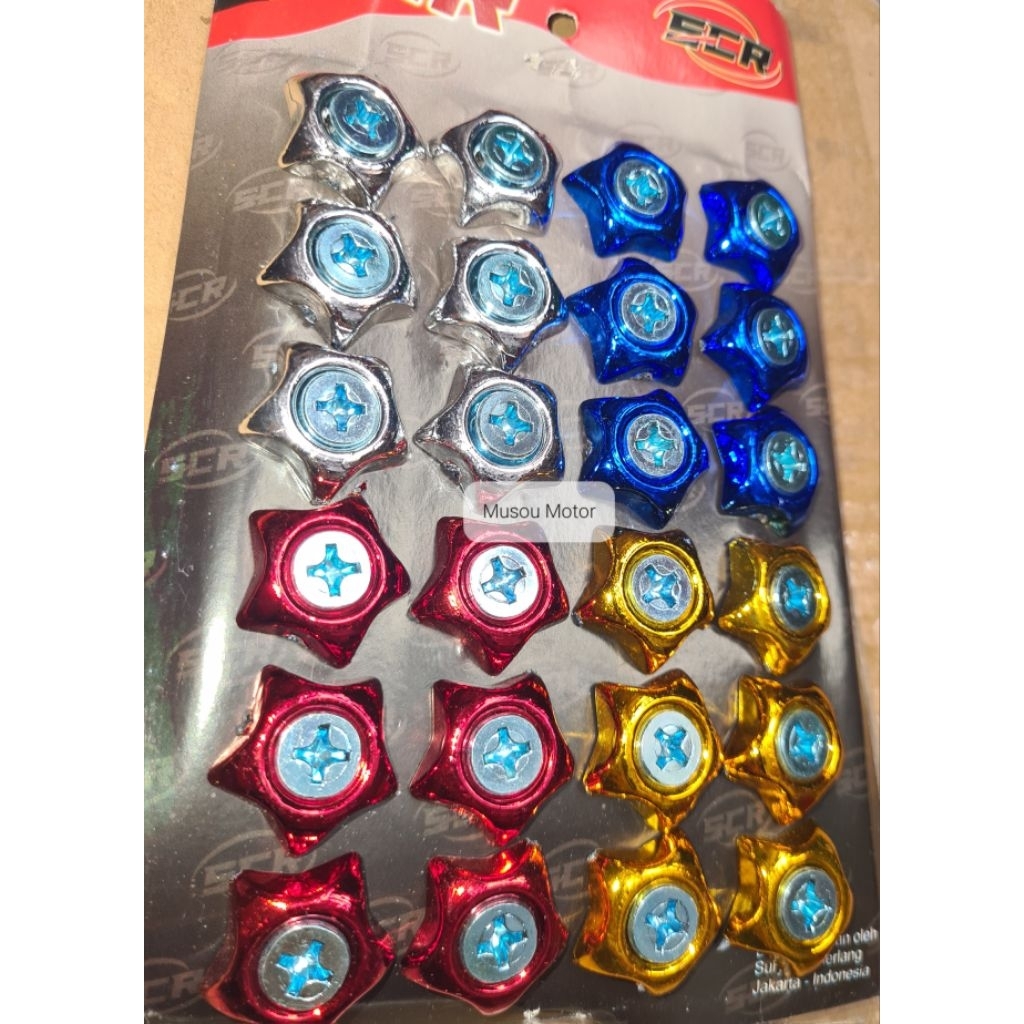 Baut warna Campur + Ring | Baut Bintang Sekeping | Baut  Motor Plat Nomor | Lempengan Baut Bintang |
