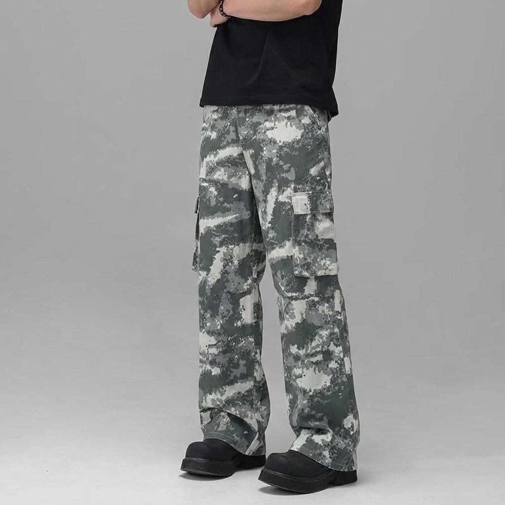 Celana cargo pria hijau panjang Korean style baggy pants straight cut gombrong unisex casual pants