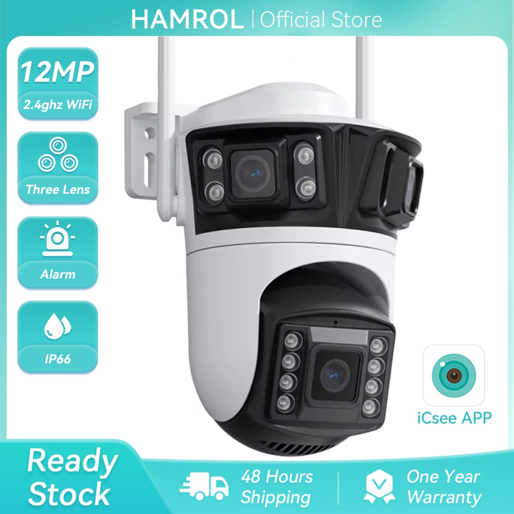 Hamrol 12MP Three Lens Three Screen Kamera WiFi PTZ Outdoor Waterproof Wireless CCTV Security Camera