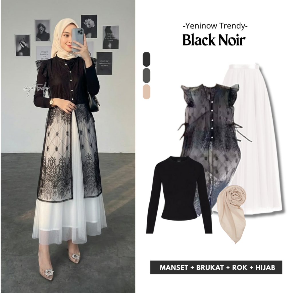Black Noir One Set Brukat Outfit Lebaran (Long Vest Brokat, Manset Hitam, Rok Tutu Putih, Hijab Segi