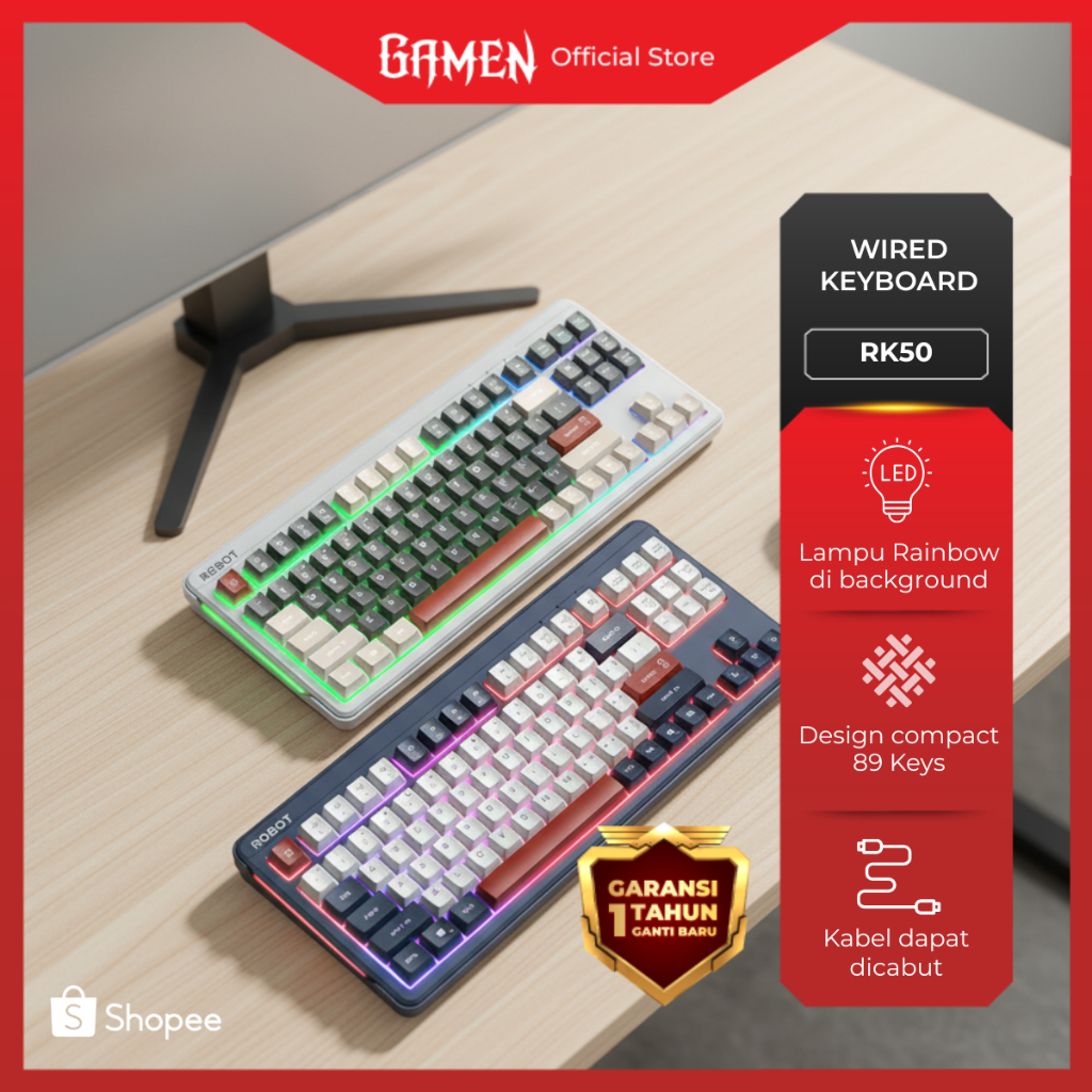 ROBOT Wired Keyboard Kabel Rainbow Backlight Type-C 89 Tombol Kompak Lembut Senyap Ergonomic Design 
