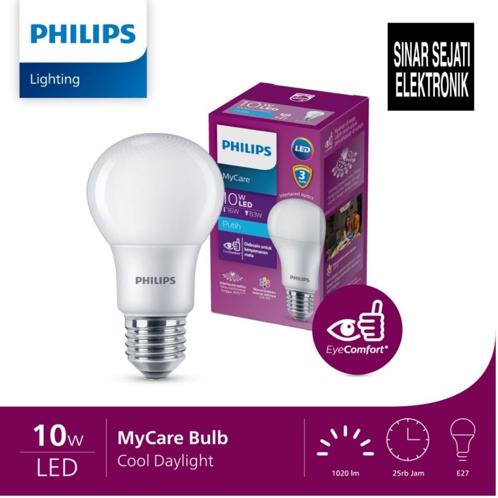 Lampu Bohlam Rumah 10Watt 10 Wat 6 8 12 14,5 19 W Watt 3 4 PHILIPS LED Bulb MyCare - Warna Putih (Co