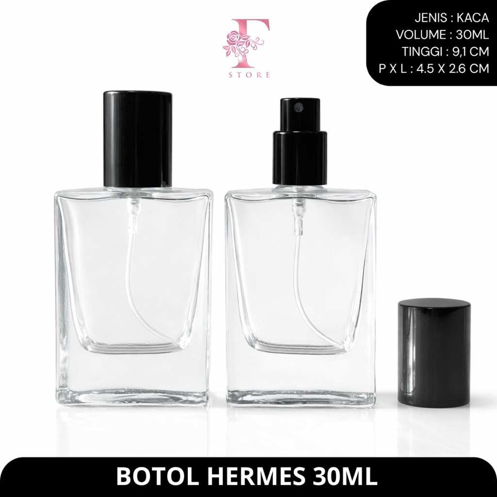 Botol Parfum Hermes 30ml Kaca Bening + Spray | Botol Parfum Kosong 30ml Tutup Hitam