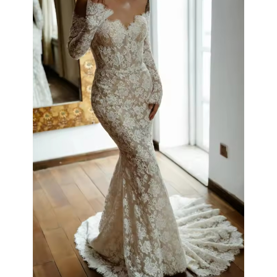 mermaid  wedding dress lengan panjang  pengantin  wedding gown mermaid