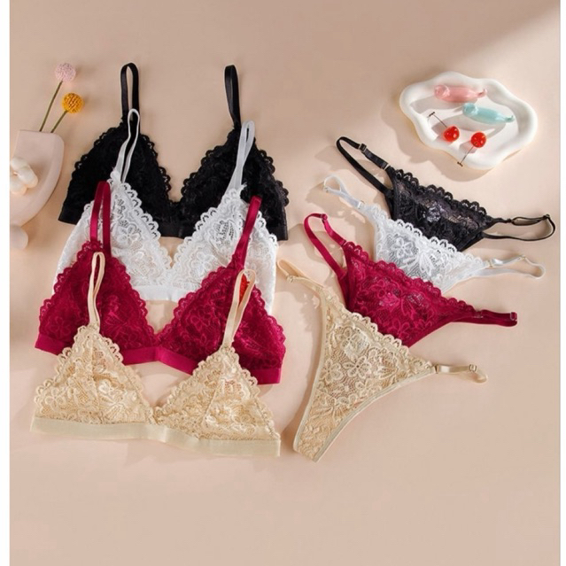 Odette Bra Set Setelan BH Tanpa Kawat CD Gstring Celana Dalam Panties Tidur Lace Bralette Sexy Renda