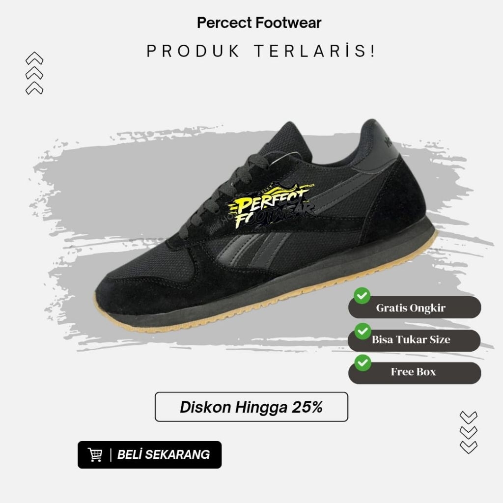Bisa COD Sepatu Sneakers Hitam Polos Pria Kasual Casual Sehari Hari Rebok Classic Full Black Ukuran 