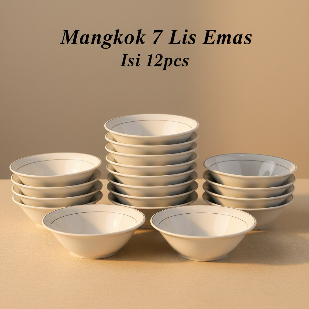 Mangkok Keramik Lusinan Tebal Premium List Emas 7 Inch Mangkok Soto