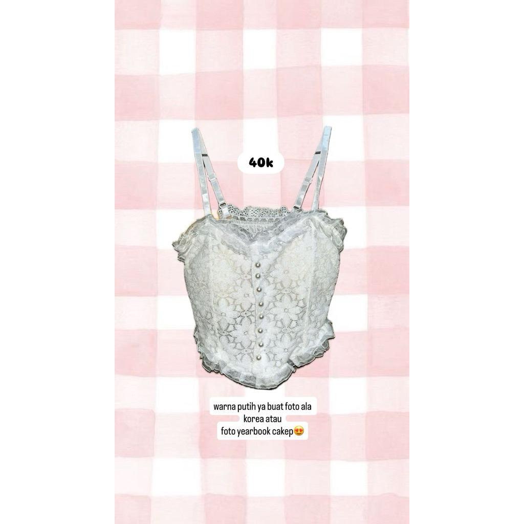 Atasan Tengtop BH Renda Gaya Wanita Korea Tanpa Lengan Motif Mutiara Warna Putih