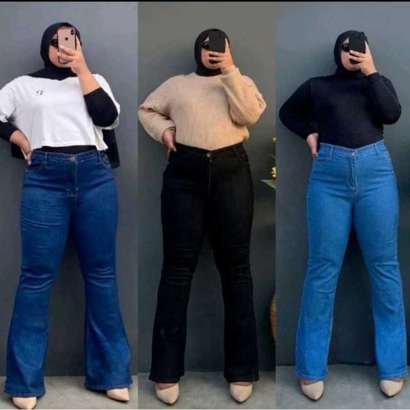 Celana Jeans Cutbray Highwaist Jumbo Wanita Size 35-46