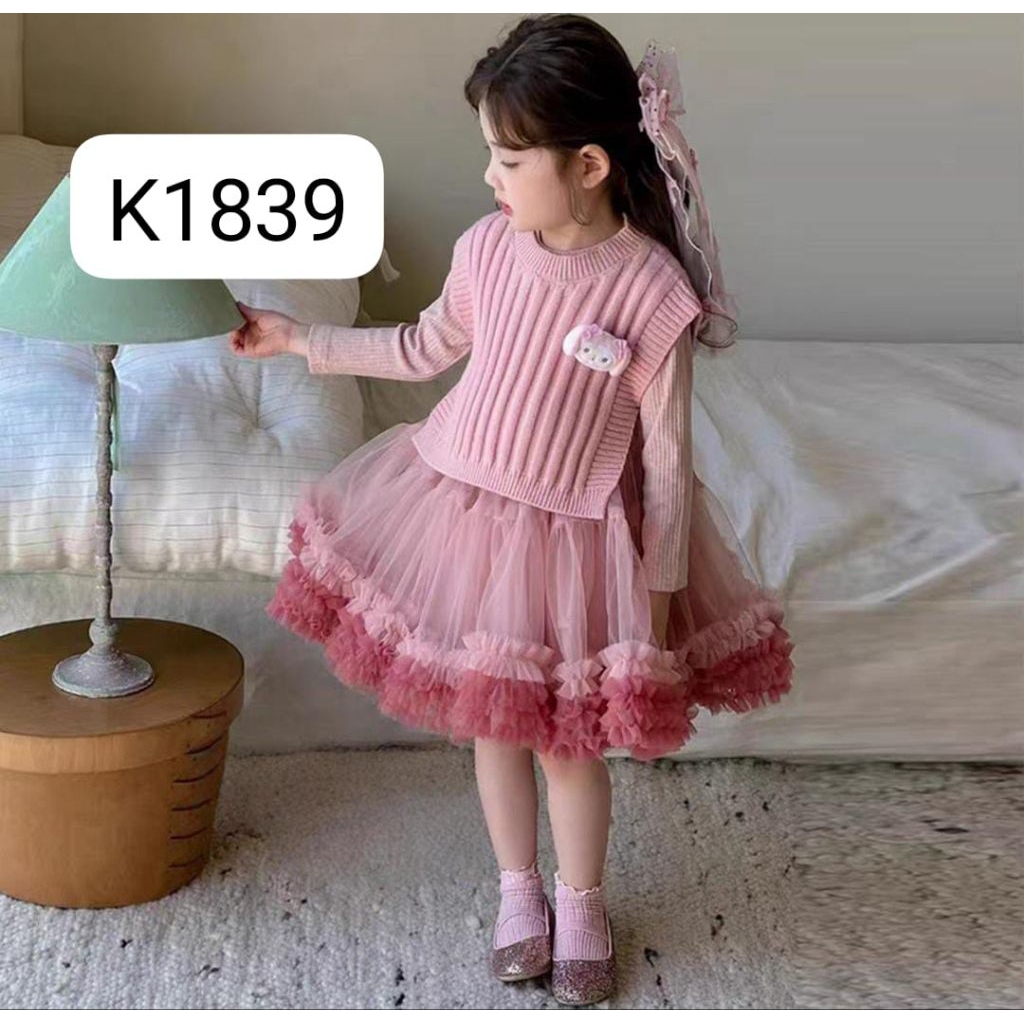 Dress tutu anak import premium dress tutu mewah melodi pink rajut 2in1 cantik