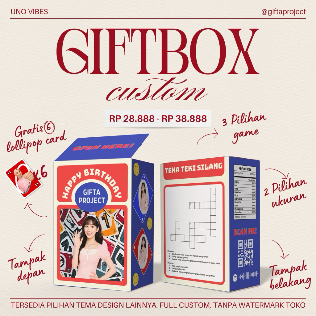 Giftbox Cereal Box Custom Uno Vibes - Bonus 6 Lollipop Card – Kotak Kado Ulang Tahun, Anniversary, W