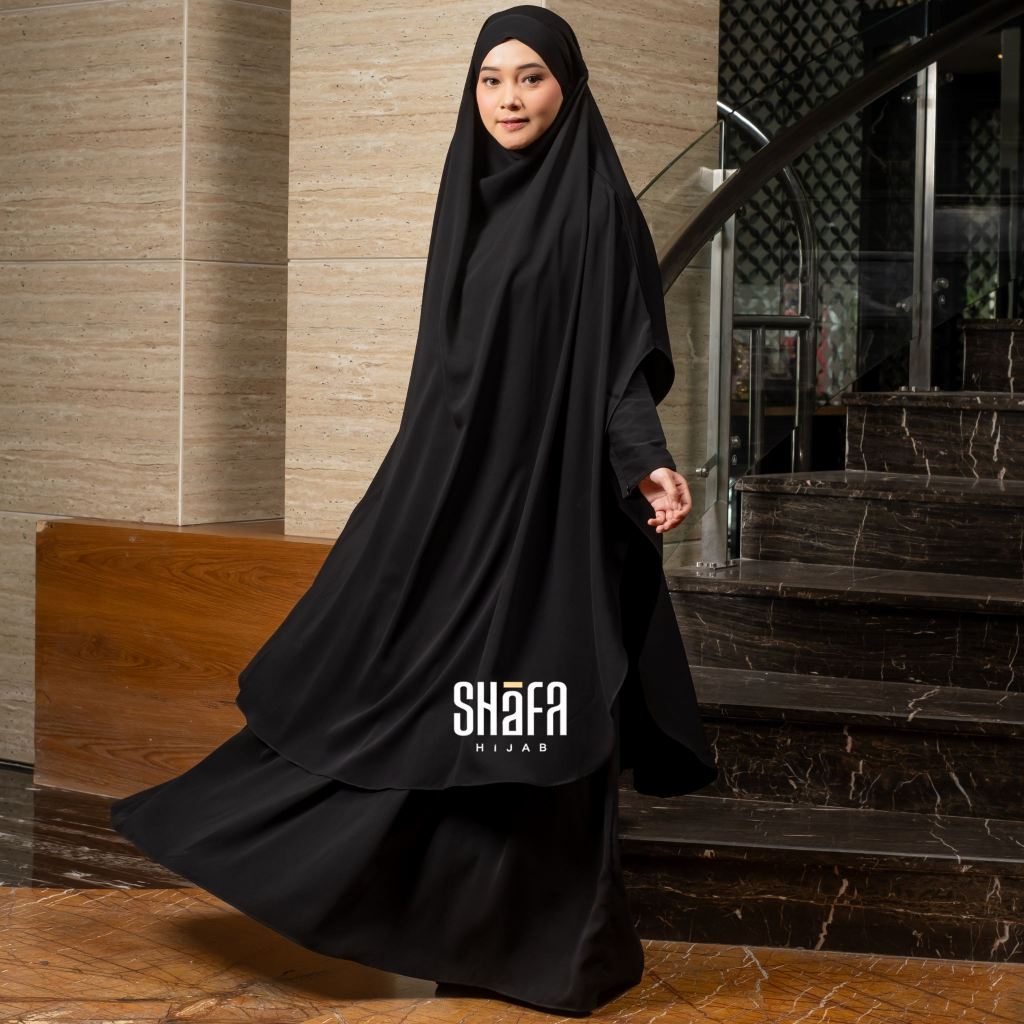 SHAFA HIJAB - Gamis Abaya Set French Khimar Mecca Series black Bumi & Wudhu Friendly Bahan Jetblack
