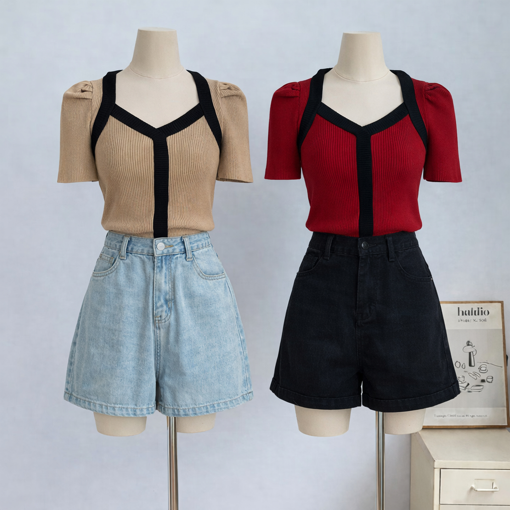 [Hayllu] Atasan Wanita Lengan Pendek Puffy Sweetheart Rajut Premium | Baju Rajut Atasan Wanita Cropt