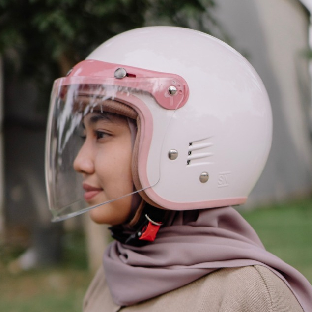 Helm Bogo Retro Bipplast Polos Helm Wanita Kekinian Kaca Datar Lucu SNI Motorcycle