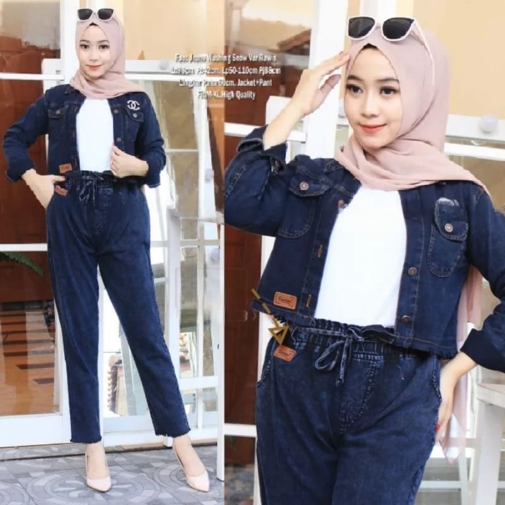 SETELAN WANITA JEANS/ONE SET JAKET JEANS SNOW/JAKET CROP WANITA/SET PANS/JAKET