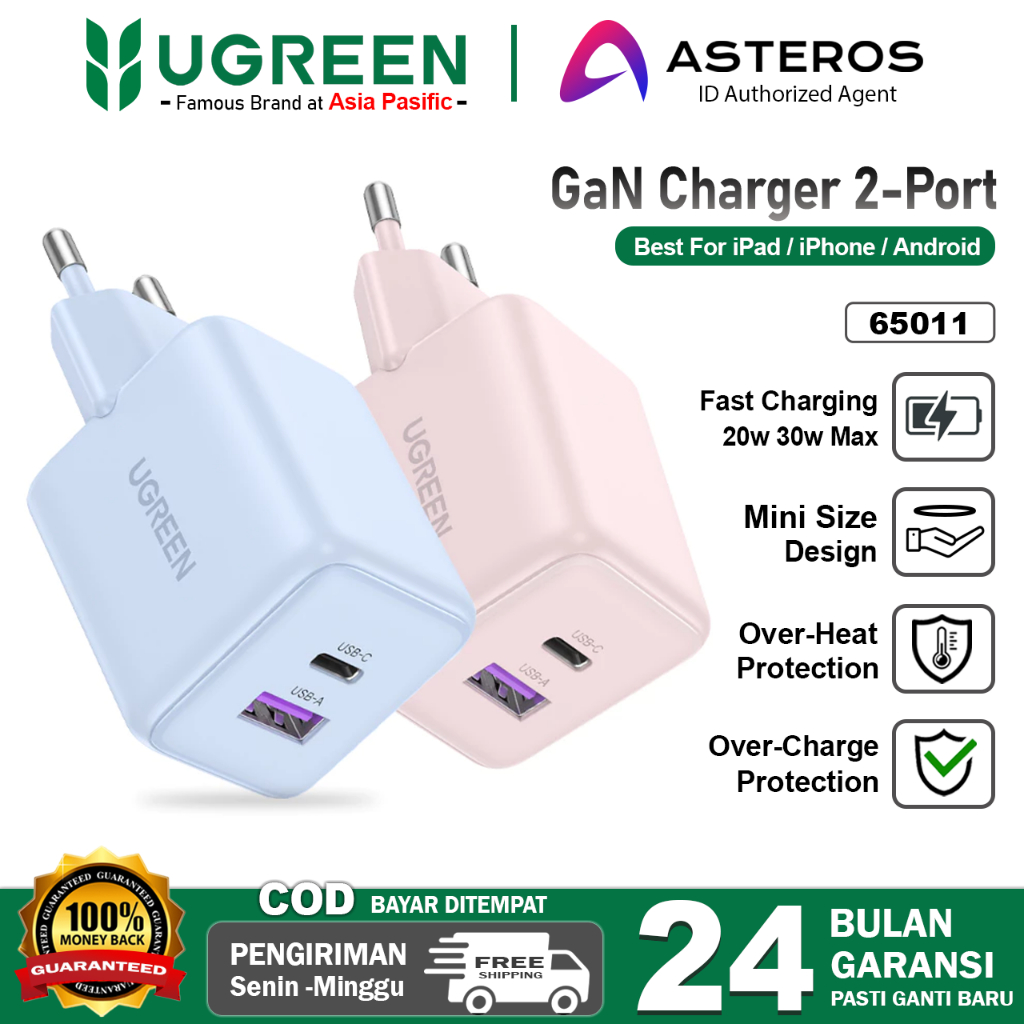 UGREEN Wall Charger GAN N Series Dual Port USB + Type C Fast Charging 20W 30W Max