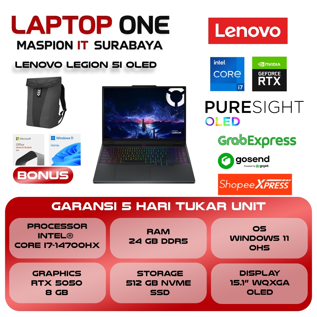 LENOVO LEGION 5I OLED I7 14700HX RTX5050 8GB/ 24GB 512GB W11+OHS+M365B 15.1 WQXGA 165HZ 24ZRGB 3Y+3A