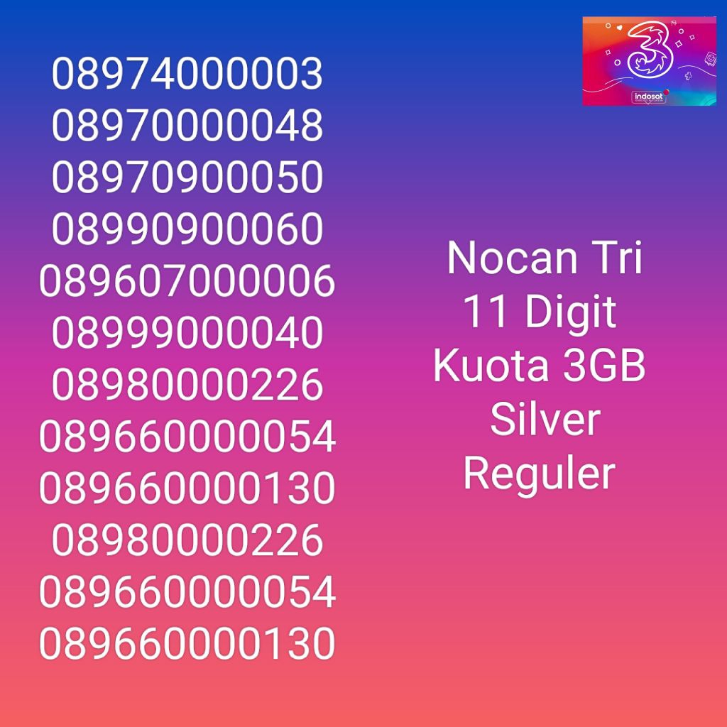 NOCAN Nomor Cantik 11 Digit Kuota 3GB Kartu Perdana 3 Tri Three 4G LTE REGULER