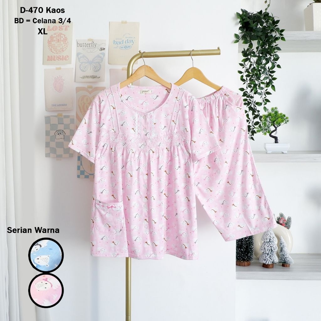 GREET Baju Tidur Piyama Wanita Jumbo Celana Selutut 3per4 Kaos Katun BD Size XL