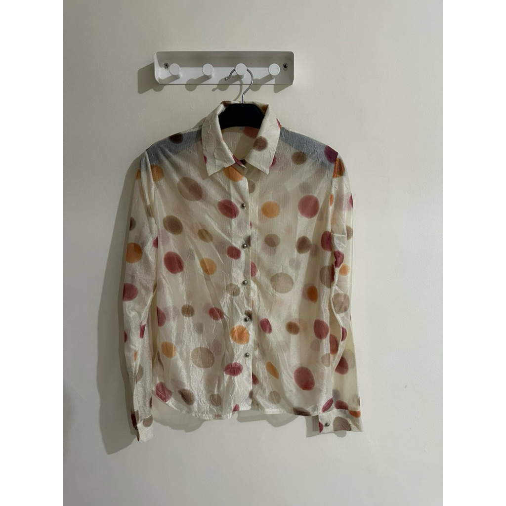 Polkadot Multi Color Sheer Long Sleeve Shirt Kemeja Polkadot Blouse Transparan Lengan Panjang Dot Ae