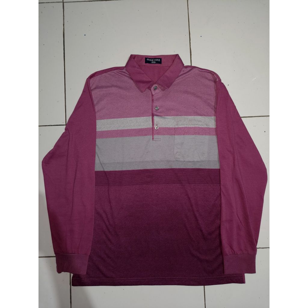 Kaos Polo Shirt Lengan Panjang Merek Dongyang Warna Ungu Merah Muda Abu Bahan Katun Size M fit L