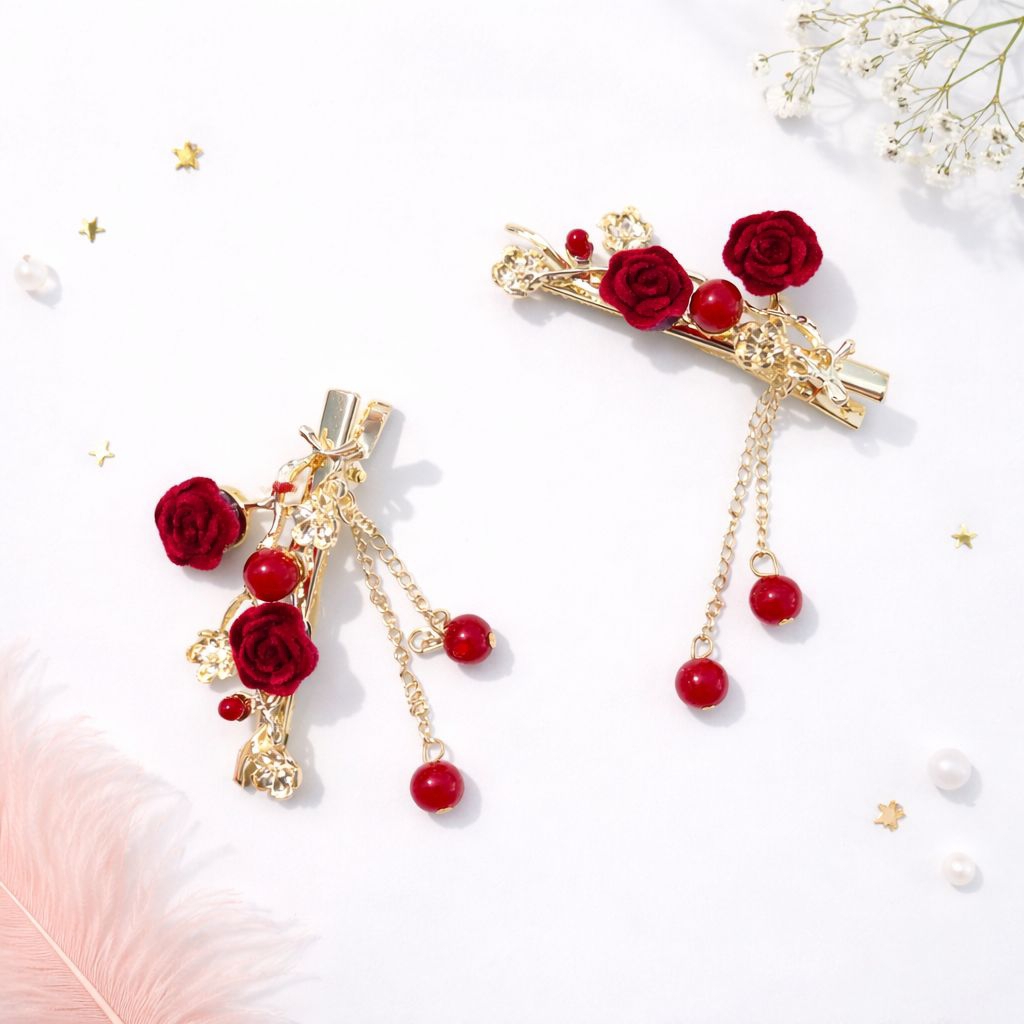 Jepitan Rambut Besi Mawar Merah / Jepitan Rambut Bunga / Jepitan Rambut Imlek / Jepitan Rambut Pesta