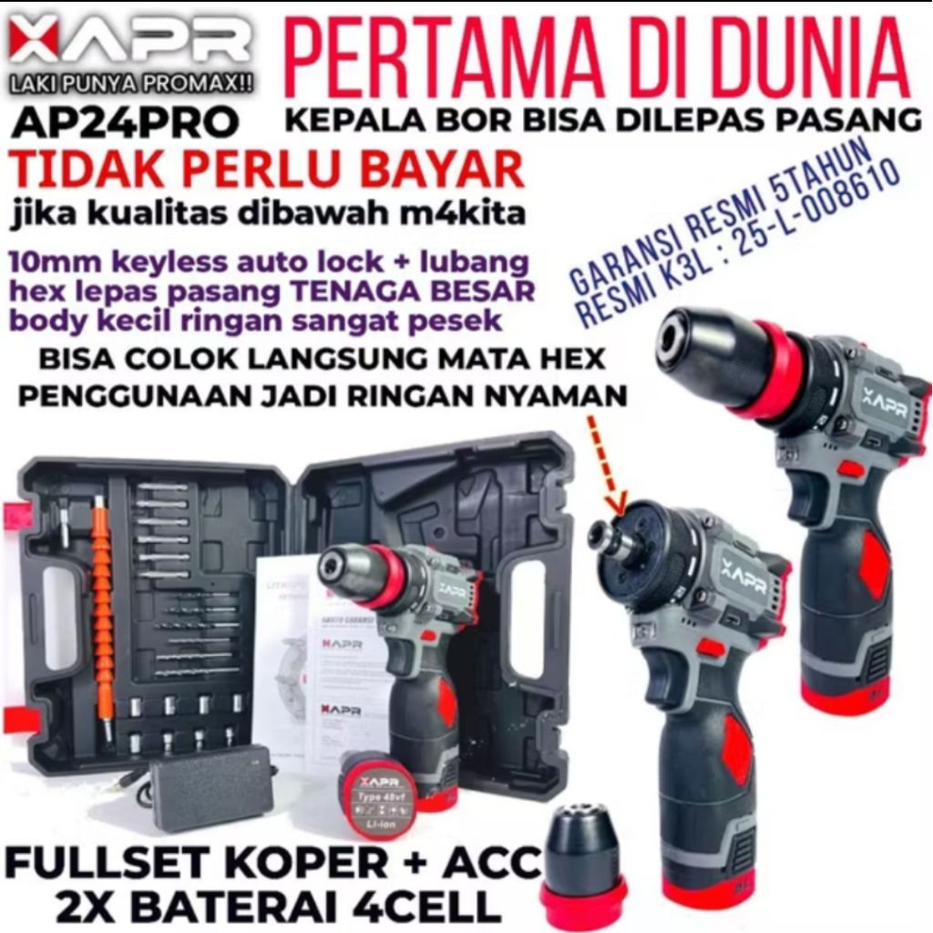 apr ap24pro bor brusless driver 10mm fulset acecories mesin bor 2 batrai