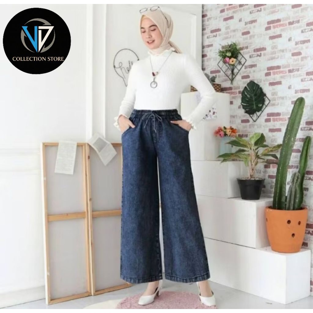 Kulot Jeans Jumbo Snow Tali Serut | Kulot Jeans Lipat Pinggang Full Karet Premium