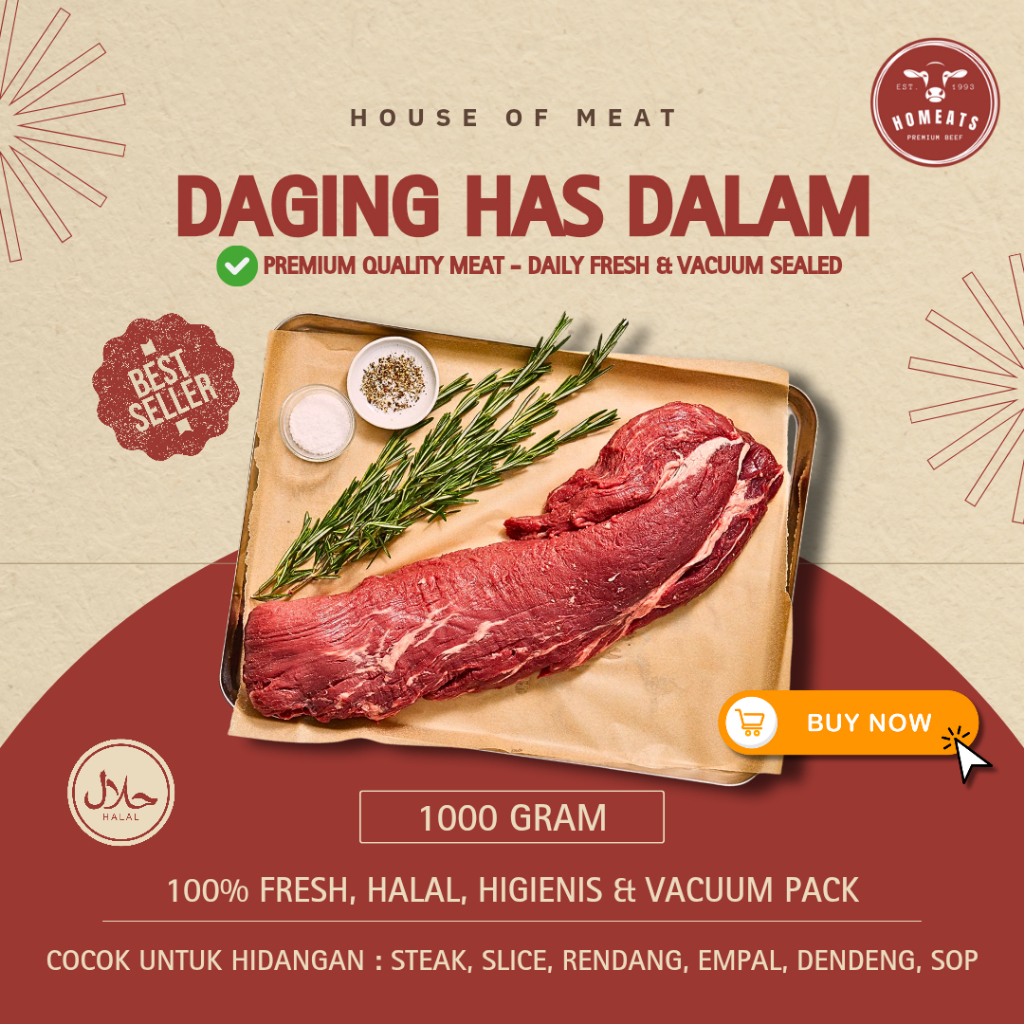 Homeats - Daging Has Dalam Sapi 1 Kg Fresh Tenderloin Sapi Lokal Segar Premium | Empuk, Halal, Vacuu