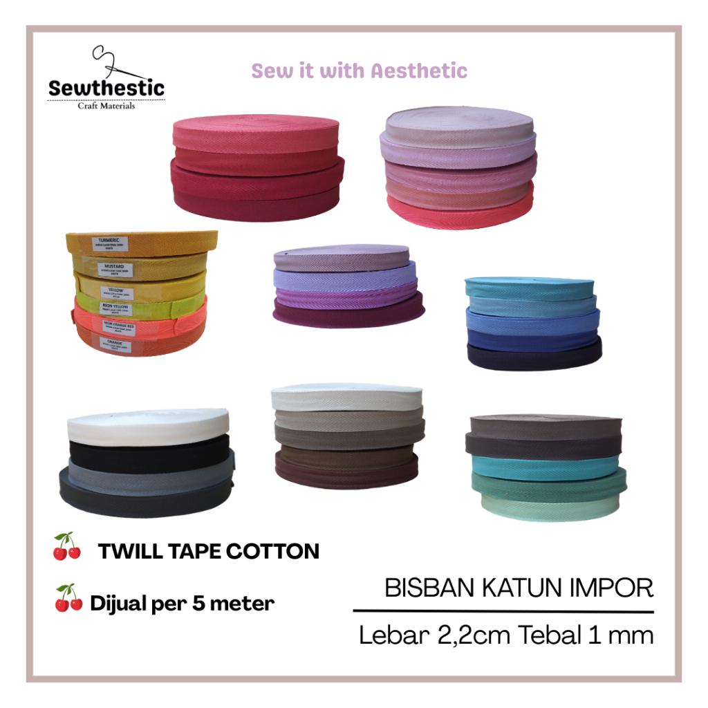 Bisban Katun Impor 2,2cm | TEBAL 1 mm | Twill Tape Cotton Herringbone | 38 Warna | Sewing DIY Craft 