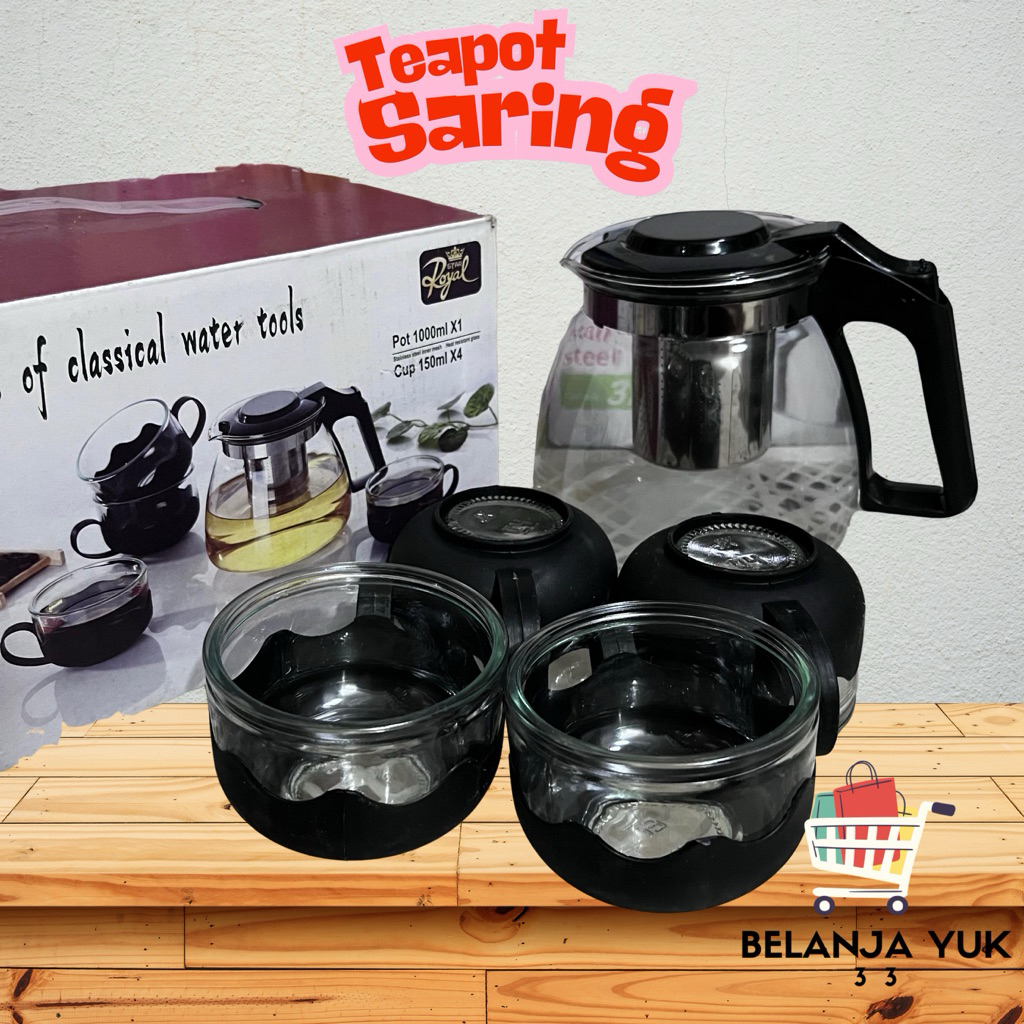 Set Teko Teh Kaca 5 in 1 dengan Saringan dan Gelas, Model Hitam