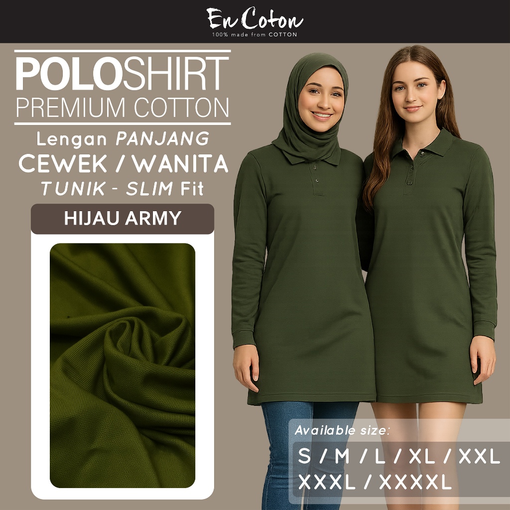 ENCOTON Kaos kerah Polo Dress Tunik Terusan Wanita Cewek HIJAU ARMY Tangan Lengan Panjang