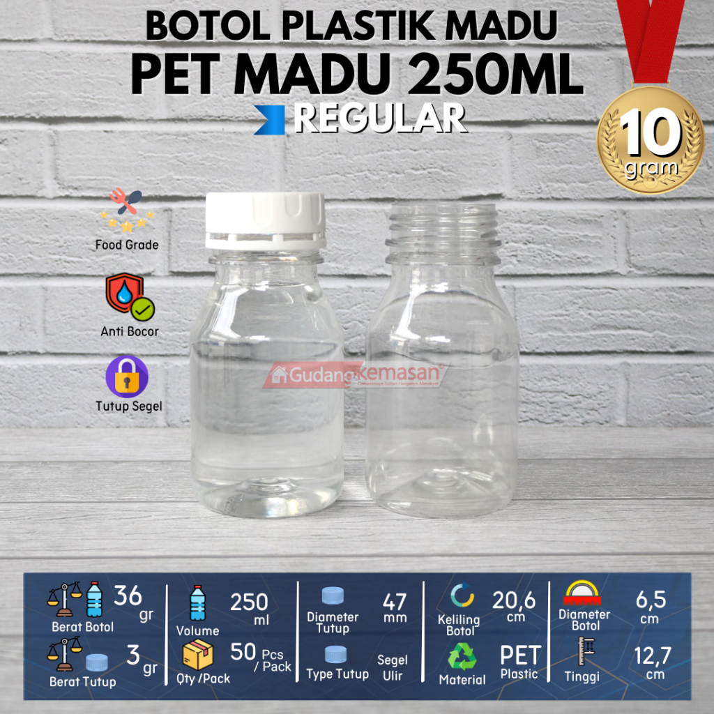 BOTOL PLASTIK 250ML PET MADU TUTUP SEGEL