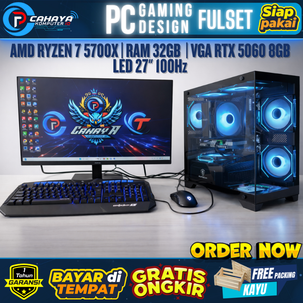 PC Gaming Full Set AMD Ryzen 7 5700X | RAM 32GB | SSD 256GB | VGA RTX 5060 8GB DDR7 | LED 27" 100Hz