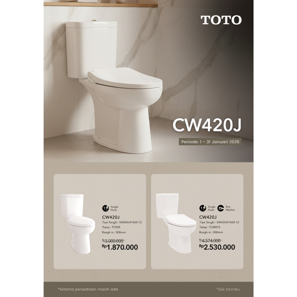 PROMO Kloset Duduk TOTO CW420J + TCW07S / Kloset Duduk TOTO dengan Tutup EcoWasher (Putih)