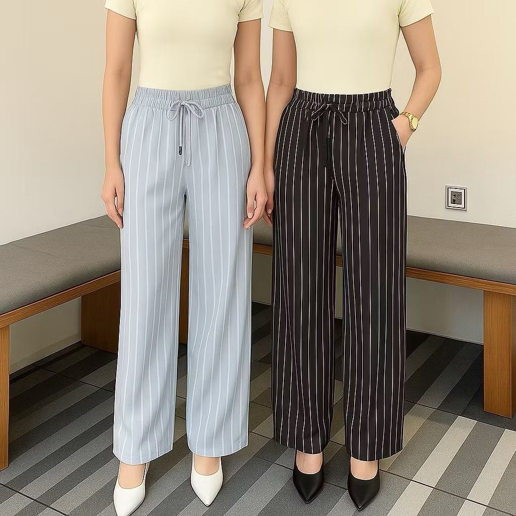 Everyday Pants Stripe Knit Bangkok - Celana Panjang Wanita Baggy Kantor Kuliah Daily Motif Garis Sal