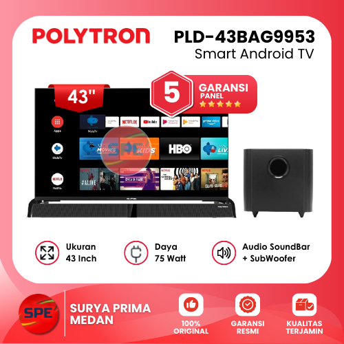 SMART ANDROID TV CINEMAX SOUNDBAR POLYTRON UKURAN 43 INCH PLD 43BAG9953 / PLD43BAG9953 GARANSI RESMI