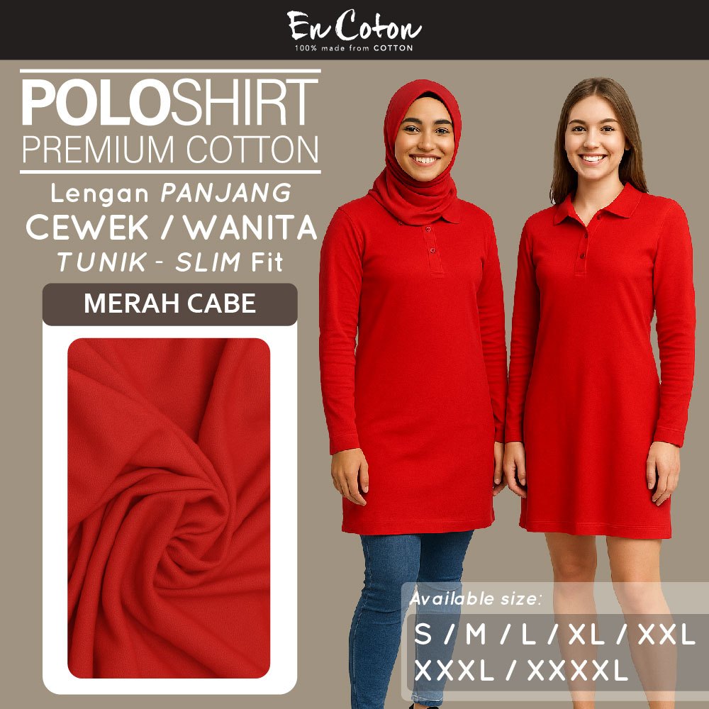 ENCOTON Kaos Kerah Polo Dress Tunik Terusan Wanita Cewek MERAH CABE Tangan Lengan Panjang