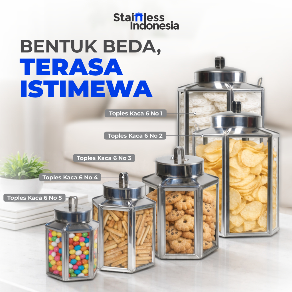 Toples Lebaran Mini Kaca Stainless Segi Enam Kapasitas 2 Liter Bentuk Unik, Aman untuk Makanan, dan 