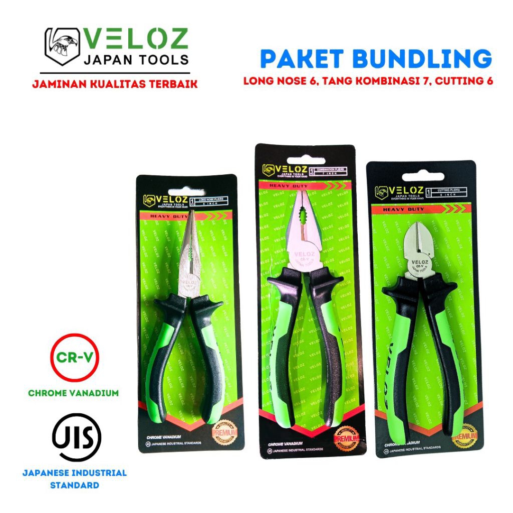 VELOZ PAKET BUNDLING TANG LANCIP 6 INCH + TANG KOMBINASI 7 INCH + TANG POTONG 6 INCH Chrome Vanadium