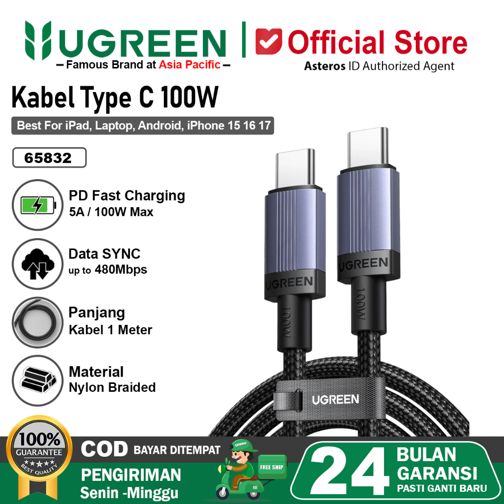UGREEN Kabel Data Type C to Type C 100W Fast Charging PD 2.0 3A 5A 6583 1 Meter 2 Meter 3 Meter